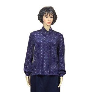 MISS SOPHISTICATES Vintage Long Sleeve Button Up Blouse ~ Navy Blue Multi